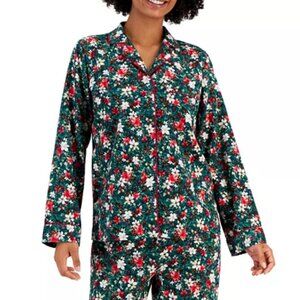 Charter Club Flannel Pajama Set Holiday Pinecones, Poinsettas, Red Piping, sz L